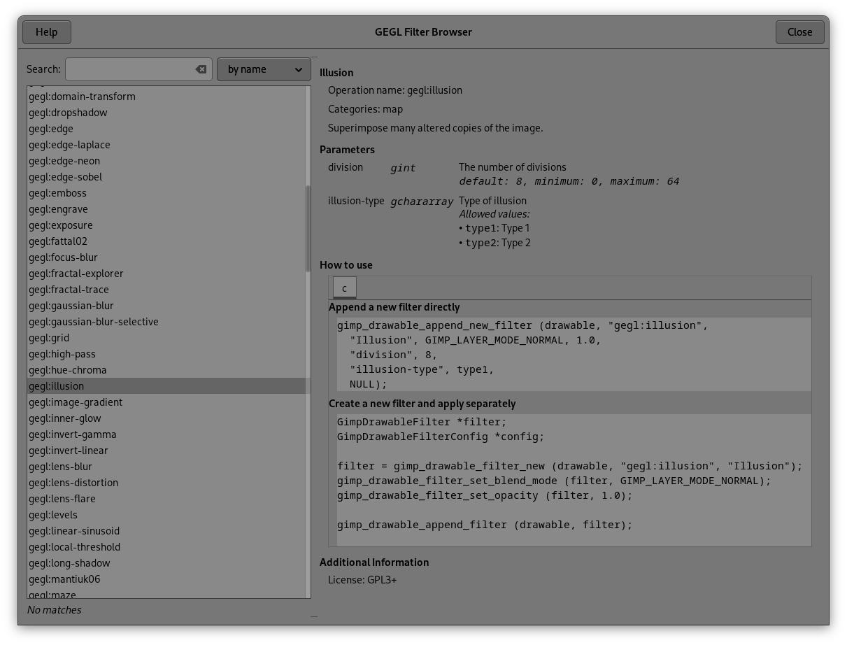 A screenshot of the new GEGL Filter Browser that contains a section with examples of use in the C language